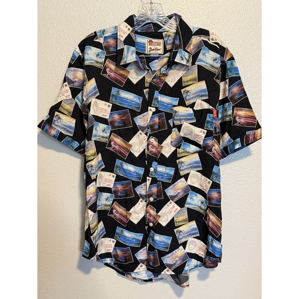 RSVLTS Bob Ross Postcard Landscape Print Shirt Mens M Rayon Button Down Black